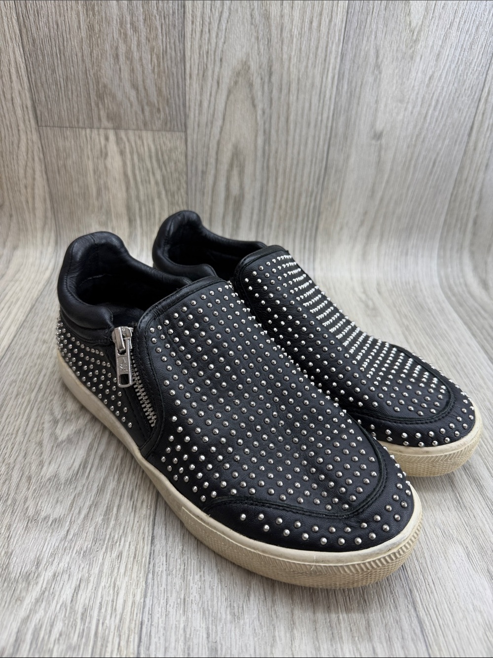 Ash Black Studded Leather Slip-On Sneakers with Side Zip